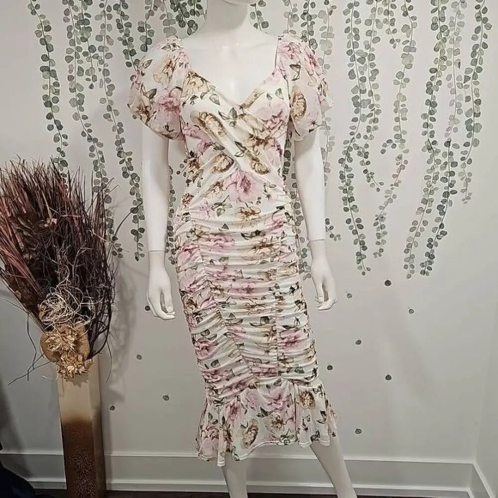 NWOT Asos puff sleeve mesh ruched wrap around pephem midi dress in soft floral p